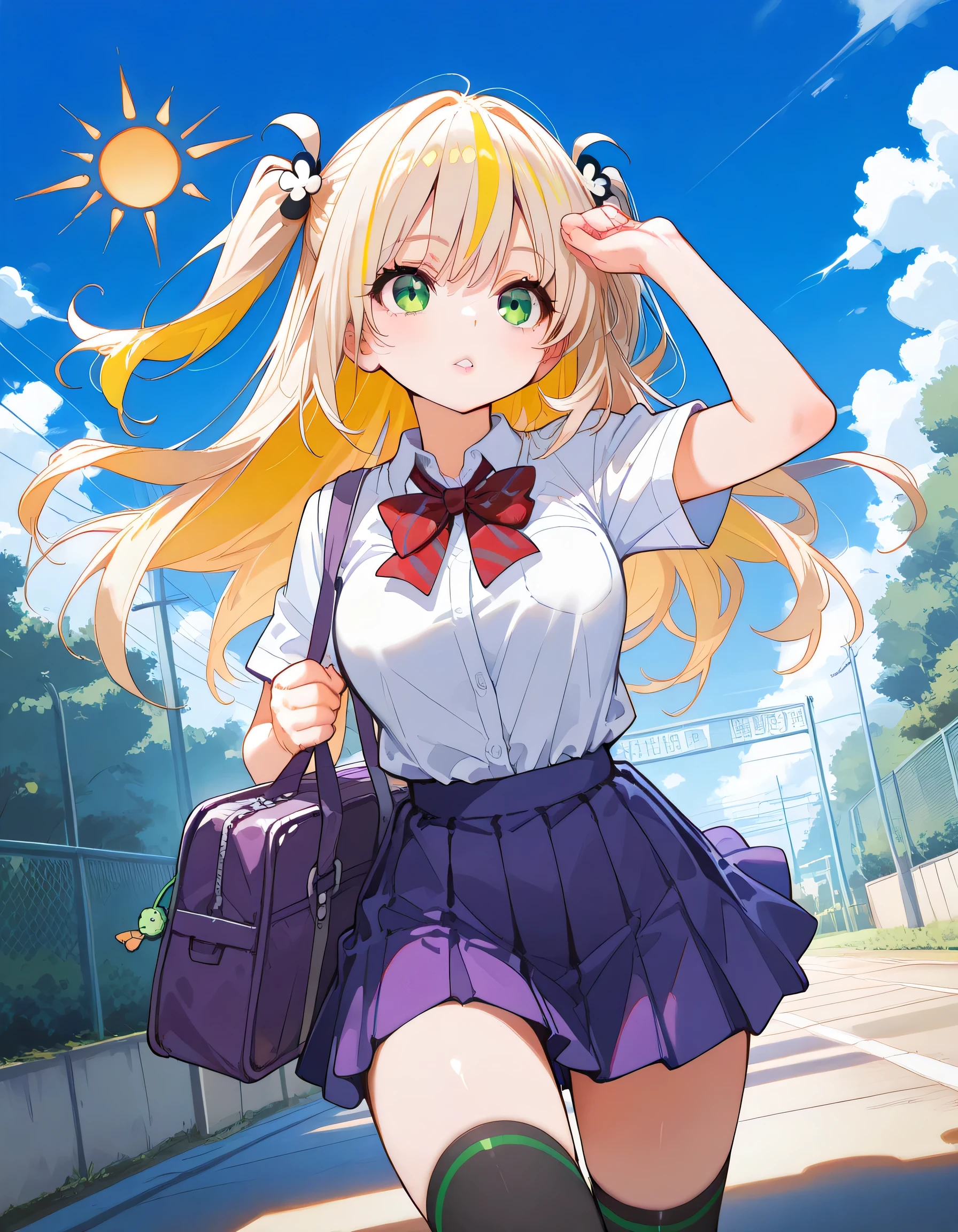 (Female teen, Blond hair in pigtails, green, eyes, fair skin) wearing a red backpack, (red backpack), ((Loli)), kneeling, crop top, sleeveless, skirt, parted lips, blush, night, flowers,moon light, (blue skirt), (white shirt), mesugake expression, bows on pigtails, long hair, long pigtails