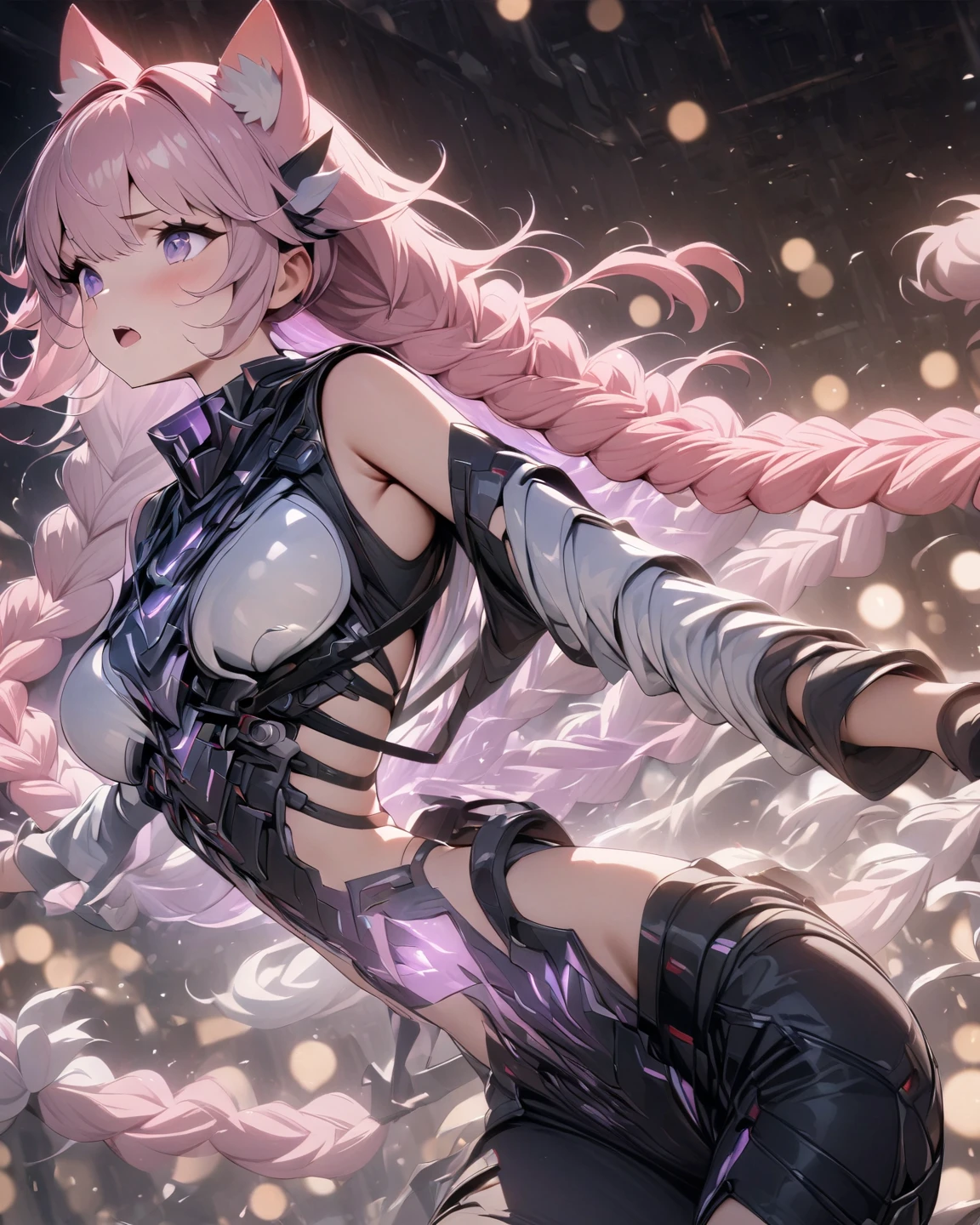 Tabletop,1 Girl, Highest quality,cyber punk,(exchange、Dim color, Calm tone:1.3),(Slender body、My clothes got torn:1.3)(Shapely breasts、I can see your back and butt:1.5)（Inorganic wings on the back:1.5）.Browsing Caution、Destroyed Cyber City、The End of the World、Cyber Zipangu、Dawn sky、In Japan there are swords（look back:1.8）（Rear view:1.5）（Upper Body:1.7）、Blake、（Dark Elf), (1 Girl), alone, 優しいsmile、Perfect Face, Get used to it, Ahoge, ((Long Hair:1.2)), (Hair above one eye:1.3), [[Messy Hair]], Shiny blonde white hair, Purple eyes, Variegated eyes, Colorful Hair, Shining Eyes, (eyelash, eye shadow, pink eye shadow), bright, smile, Design Art：Haruhiko Mikimoto, by Kawashi, By Yoshitaka Amano, （Tan Skin）