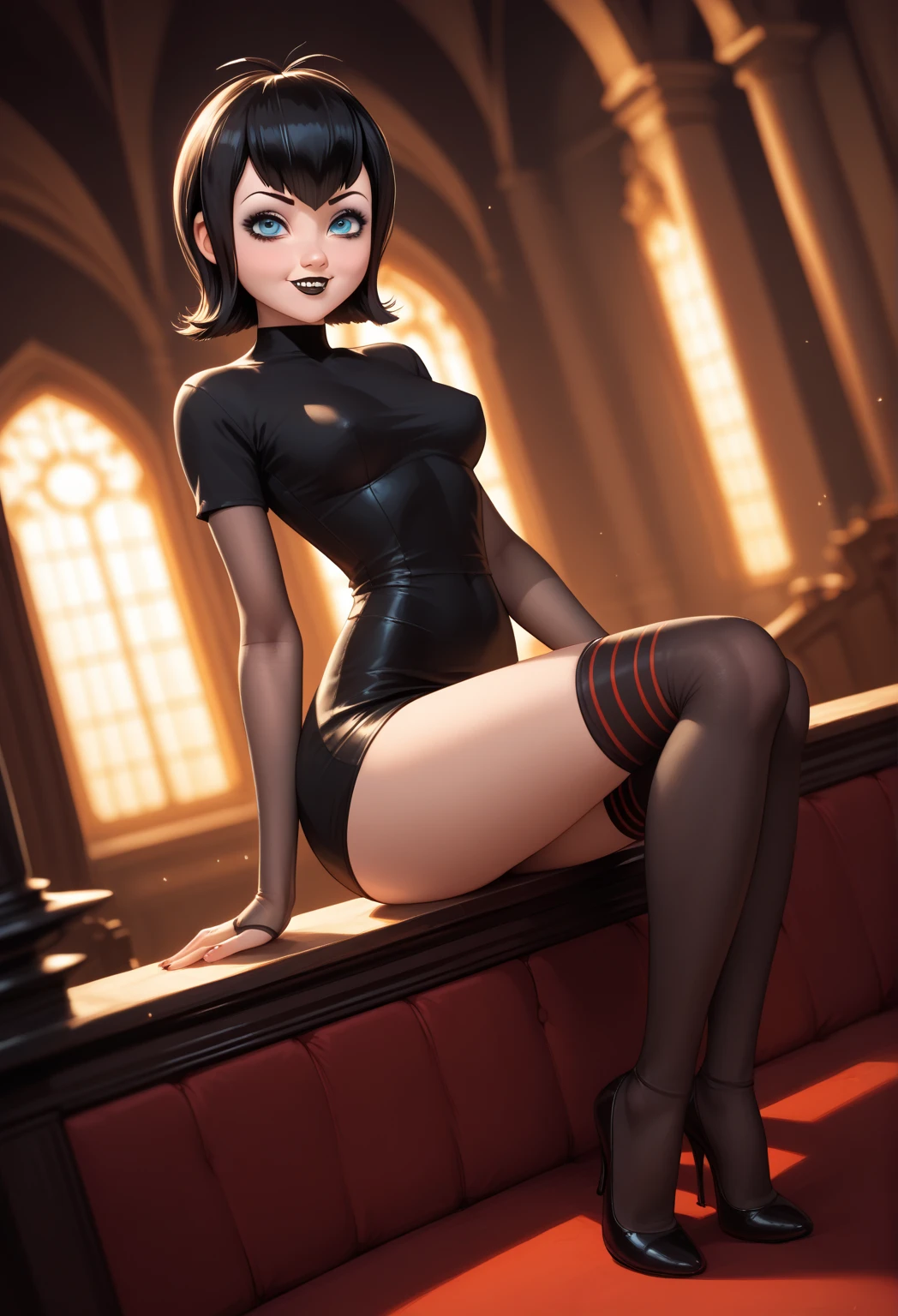 High graphic quality image, mavis dracula, (Hotel_transylvania) short black hair with bob bangs blue eyes white skin eyeliner , voluminous lips and black lipstick, slender body, Beautiful face, wide hips and slim waist big legs spread sensual smile perfect detailed with high resolution 12k landscape and portrait full-body display 1.2 nudes