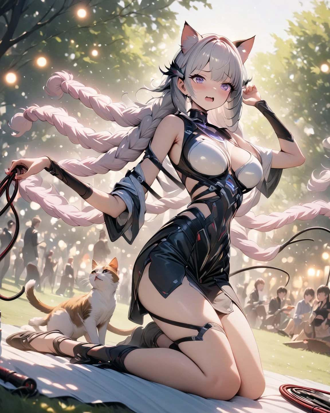 Barbara from genshin Impact, bare shoulders, collarbone, pleated skirt, bottomless, g-string, kneeling, blonde hair, long hair, headphones, female solo, cat ears, breast grab, medium breasts, choker, boots, pink thighhighs, bokeh, uncensored, cover, head out of frame, blue theme, petals,