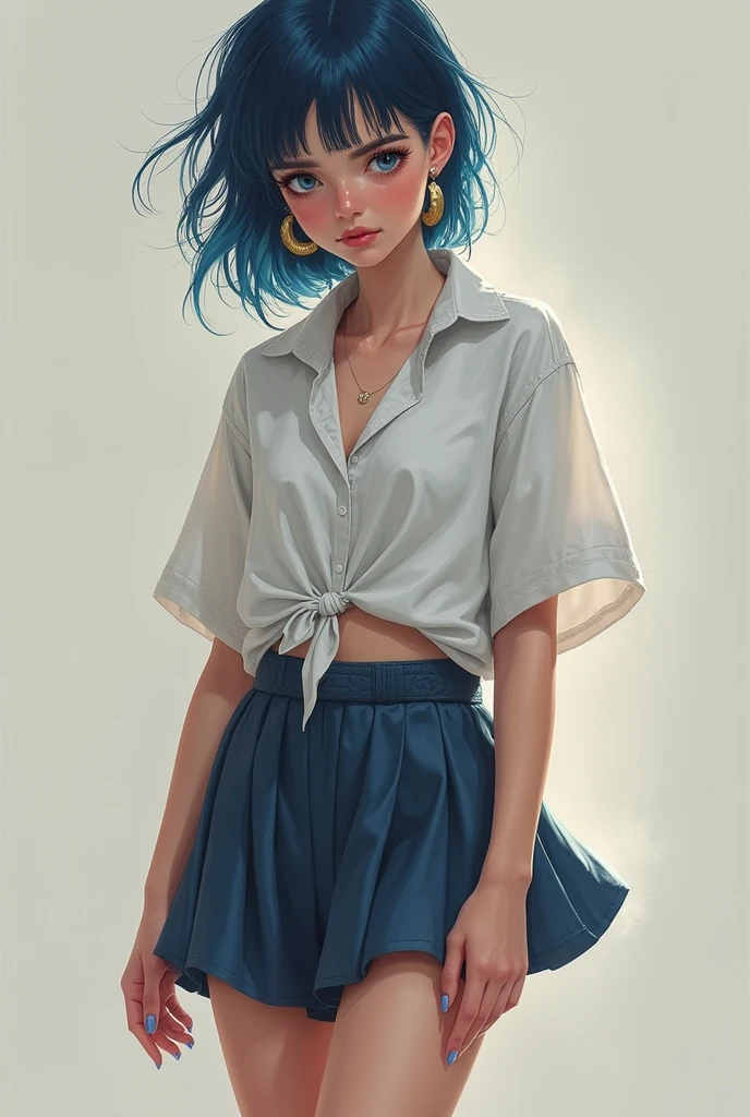 masterpiece,best quality,highly detailed,high resolution,4K,8K,super detailed skin,detailed beautiful eyes,detailed beautiful face,solo,BREAK,from above,full body,standing,arm behind back,BREAK,DOA,Tamaki,official art,adult woman,turquoise green hair,short bob haircut,hairs between eyes,BREAK,long eyelashes,dropping eyes,emerald green eyes,mole under eye,curvy,large breasts,BREAK,(short sleeve front tie plain white collared shirt,plunging necklines:1.4),(strapless,midriff,navel,collarbone,cleavage cutout:1.4),BREAK,close fitting ultra low rise,(red pleated skirt),BREAK,(eyelet belt, grommet belt,bracelet,anklet:1.3),
