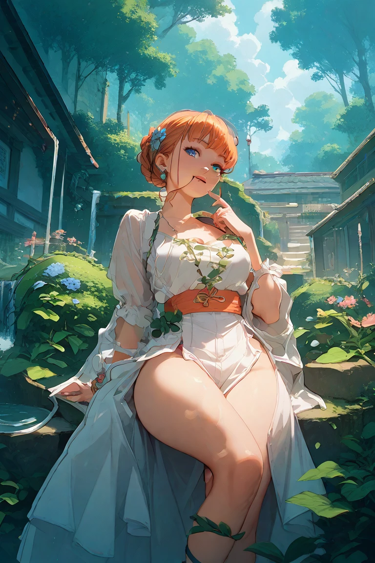 masterpiece, best quality,1girl,young girl,brown eyes,drill hair,mesugaki smile,shiny skin,(nice leg line:1.3),thick thighs,thin waist,huge breasts
BREAK
A sorceress in a green tunic sits cross-legged in a sun-dappled glade, her eyes closed as she meditates and communing with the forest spirits.
BREAK
, Piece_of_land_surrounded_by_water,,crowd,depth of field,looking at viewer,standing,from above,upper body,legsupsexms