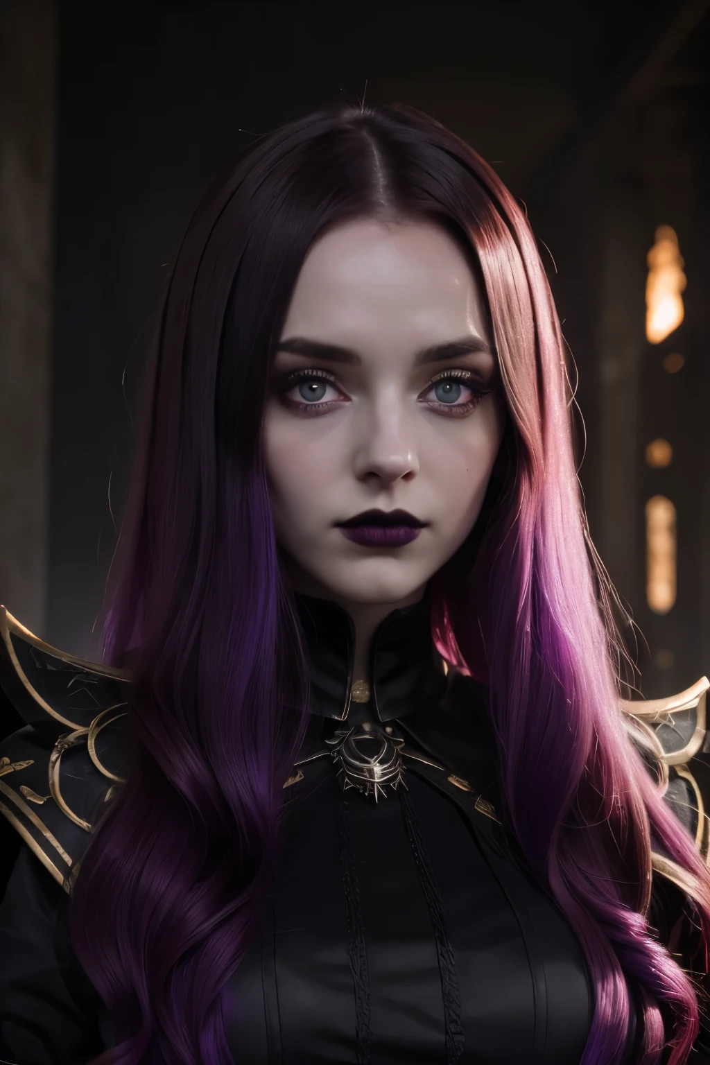 extremely beautiful girl, Pale white skin , glowing red eyes looking at the viewer, LONG PURPLE HAIR, black lips , wearing a black sorceress outfit , she is casting purple rays on the viewer , extremely detailed image 4k .