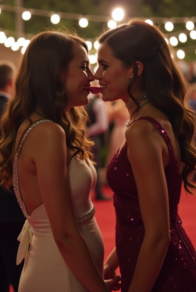 2 teenagers of different styles, kissing, with big breasts, in a bowling alley, with many lazer lights from above, dancing, with their wet bodies, little clothes, very happy drunks, very pretty girls, with their hair down, happy faces, among the crowd, drunk