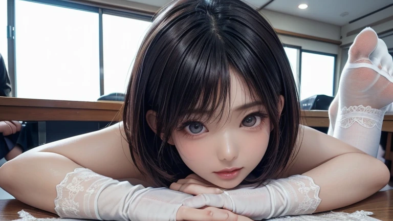 On the bed、Close-up photo of a beautiful naked woman、Black Hair、bangs、Place two images, up and down