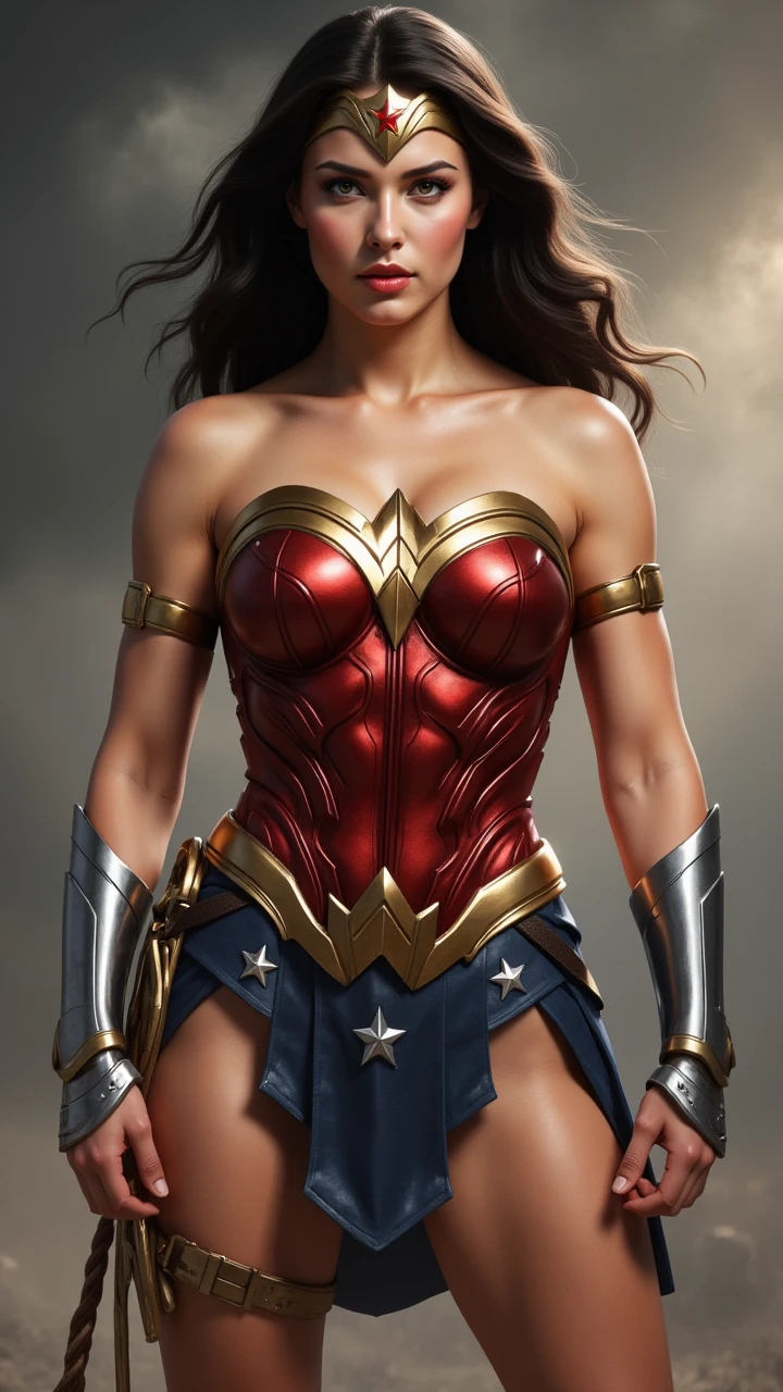 An 18-year-old girl, exuding youthful charm and confidence, dons the iconic Wonder Woman suit in this masterpiece. Her short curly blonde hair cascades down her shoulders, framing her beautiful face with its captivating features. The rain pelts against the worn-out roof, setting the stage for an intense and dramatic scene. Despite the inclement weather, every detail of her perfect anatomy is showcased, from the broad shoulders to the toned arms and legs. With a fierce and determined expression, she assumes a fighting stance, ready to defend against any possible threat. The exquisite details and perfect anatomy of this image leave no room for doubt - it