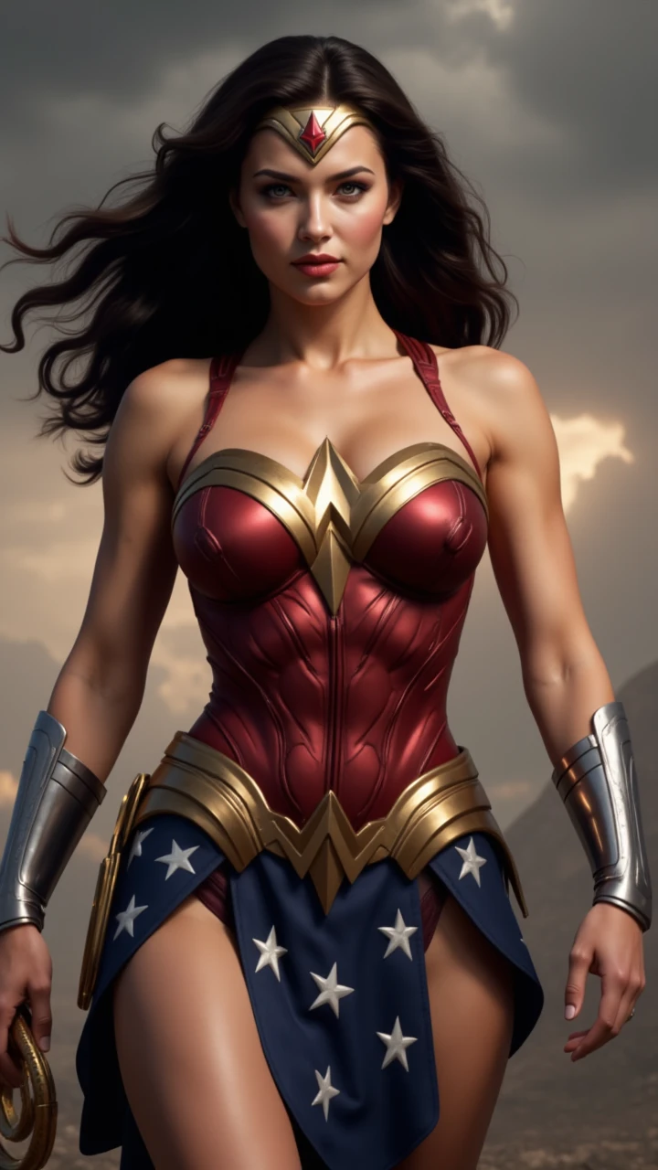 PhotoRealistic Art Style Best Qualit:1.3, Natural Beauty, Masterpiece, Full Body View Visible, Hailee Steinfeld, Perfectly Accurate Face Proportion,Realistic Light Hazel Brown Eyes, Thick Eyebrows, Brown hair, slim toned Thighs, tight ass, perky round breast , slim athletic body type, perfect body type, wonder woman, Defensive Pose with Highlighted Buttocks: Wonder Woman stands firmly with her shield in front. The tight suit outlines her powerful legs and the rounded shape of her buttocks. Her defensive posture, with one hand ready to draw her lasso, accentuates the snug fit of her suit, drawing attention to her athletic physique.
