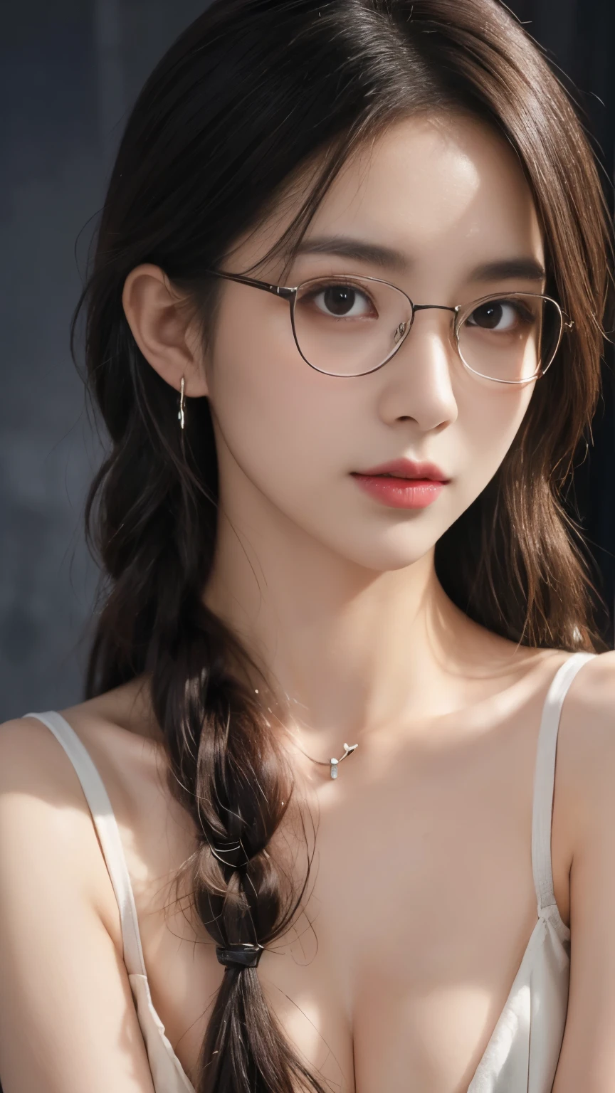 Top CG, Highest image quality, masterpiece, Gentle and beautiful girl, (185cm美女), (fit), Imperial sister, Queen temperament, White skin, Perfect facial features, Bright Eyes, Red lips, Beautiful and cold (A major breakthrough)), Beautiful and heroic, Soft and long hair, shiny, Lace, net, Visible through clear skin, wear glasses, ruby neckLace, (black off-shoulder tops), 8K Image Quality, (Realistic Portraits), Characters fill the screen, (Facial lighting), ((eternal)，Half frame glasses，Slightly tilt your head，Background café，