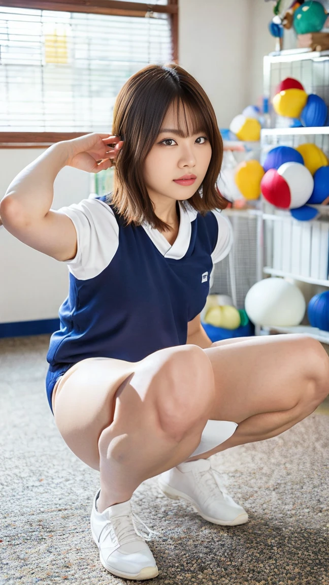 1 girl,Japanese,25 yo,(Slender body:1.2),(athlete:1.2),Black short bowl cut hair with blunt bangs, BREAK ((track & field competition uniform)), BREAK, masterpiece, best quality, ultra quality, high quality, realistic, photo realistic, RAW photo, hyper detailed, intricate detail,(gym storeroom:1.3),cinematic lighting,(teary eyes),(blushing:1.3),beauty,girl,photorealistic,(squatting),(spread pussy to the side:1.3),(small breasts:1.4), (no bra),(nipples poking through clothes),(Glasses),