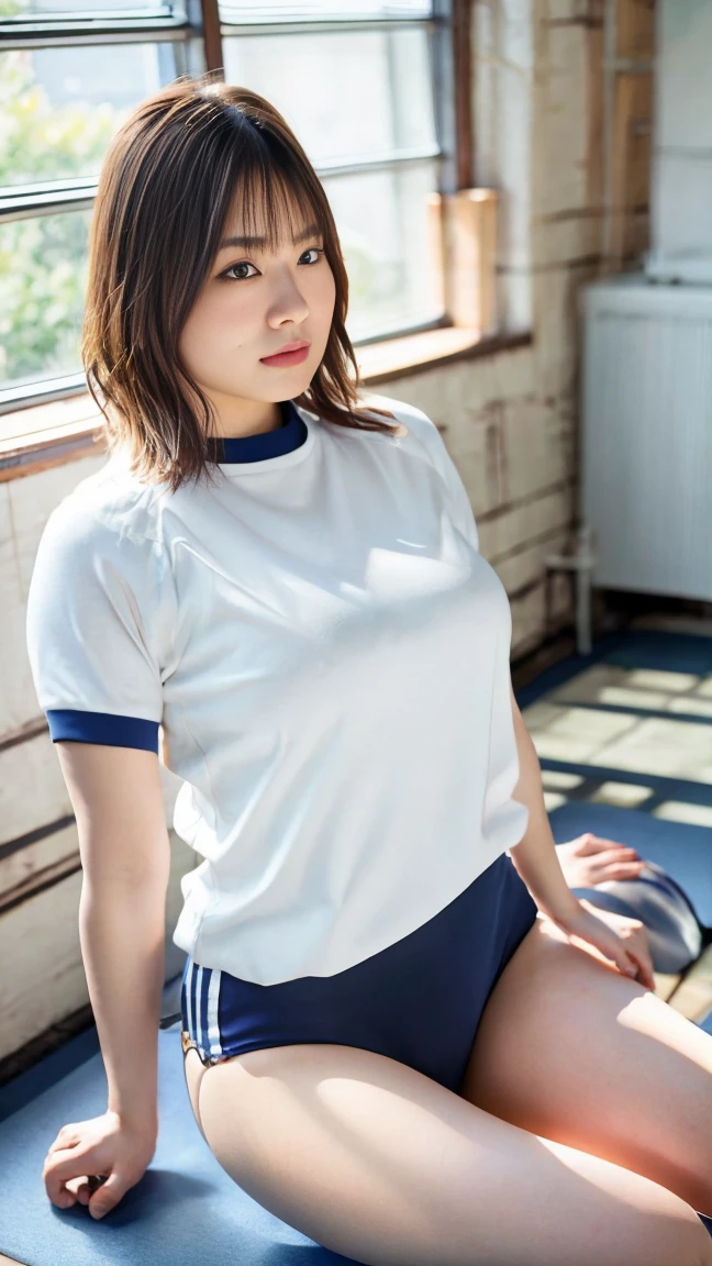 white short sleeve Gym uniform、Round neck and sleeves are dark blue.、navy blue bloomers、woman、30 years old、Gym、short hair