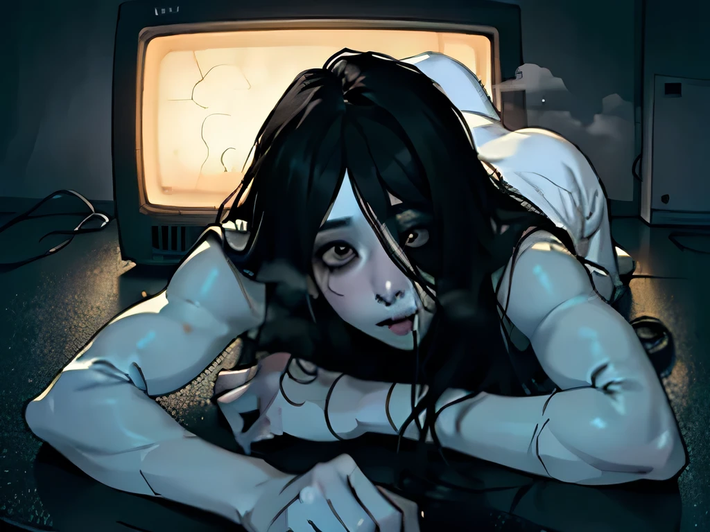 Create anime horror of Sadako outgoing of the Tv sexually with big hips and big tits