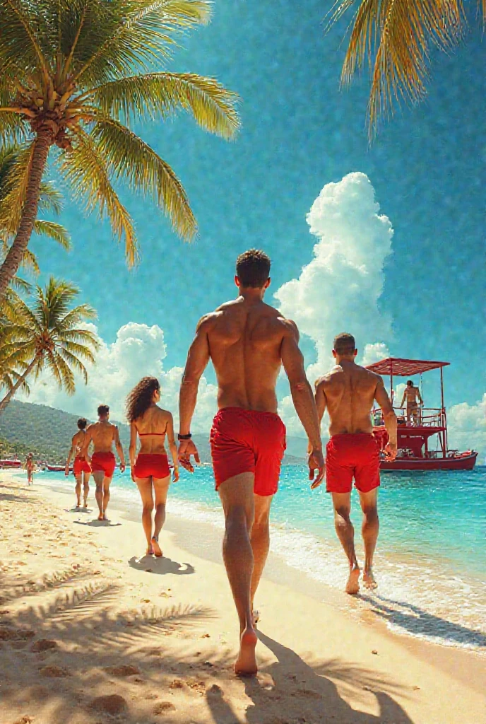 (photorealism:1.2),A guy in a speedo with two girls on a beach