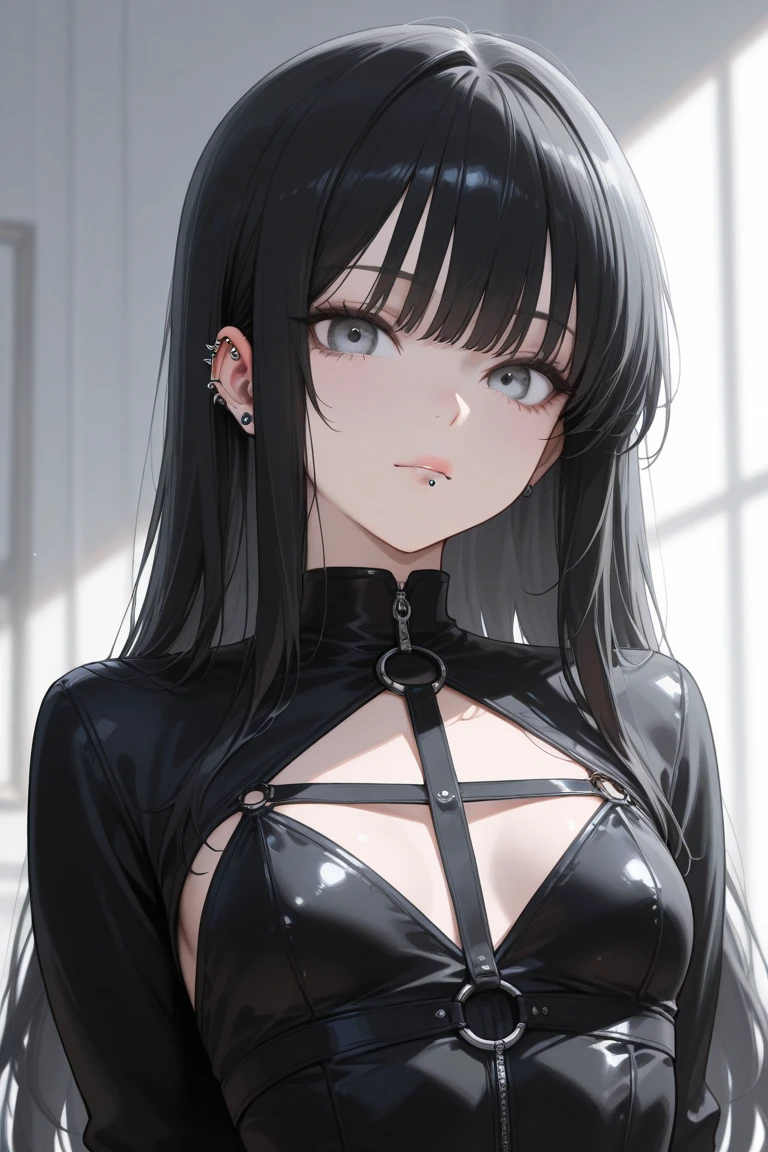 best quality, amazing quality, very aesthetic, absurdres, 1girl, rio (blue archive), blue archive, red eyes, black hair, strapless, (artist official art:1.5), (realistic face), (narrowed eyes), (cowboy shot:2), (concept art:1.5), panties, (thigh, glowing eyes:1.4), expressive eyes, perfect face, 4k, extremely detailed anime illustration, extremely detailed eyes, enhanced details, perfect anatomy, light rays, photo background, extremely delicate body, smooth skin, feminine expression, (black background:1.5), cristal clear eyes, beautiful face, big breasts