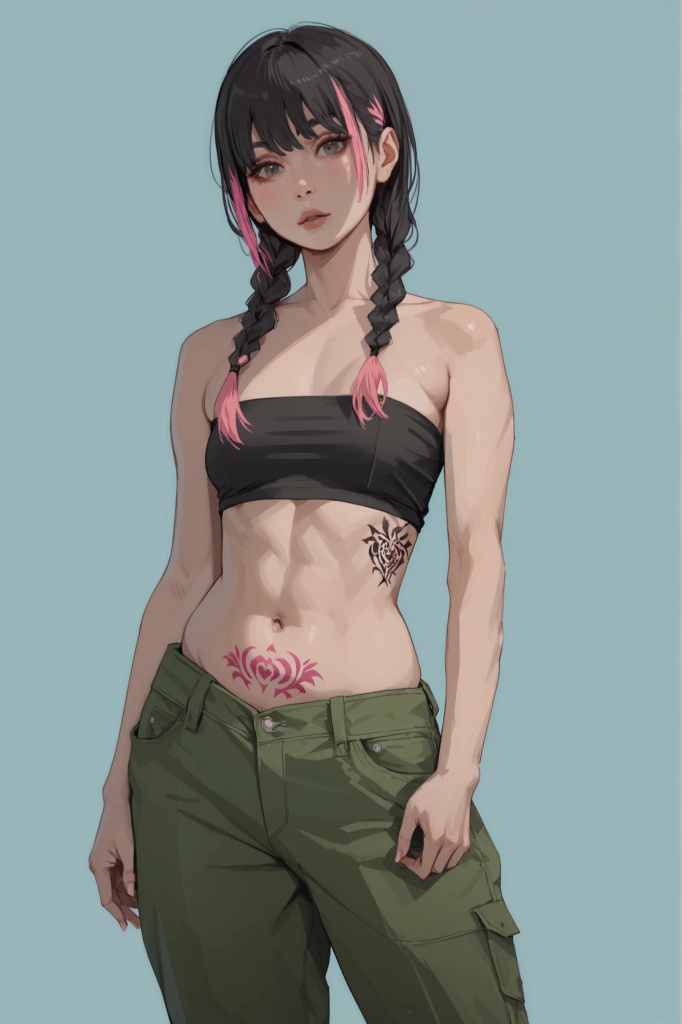 1 girl, black hair, pink highlights, 4 small braids, bangs, pale skinned, voluptuous, small breasts, black tube top, green cargo pants, belly tattoo, standing, lags apart 