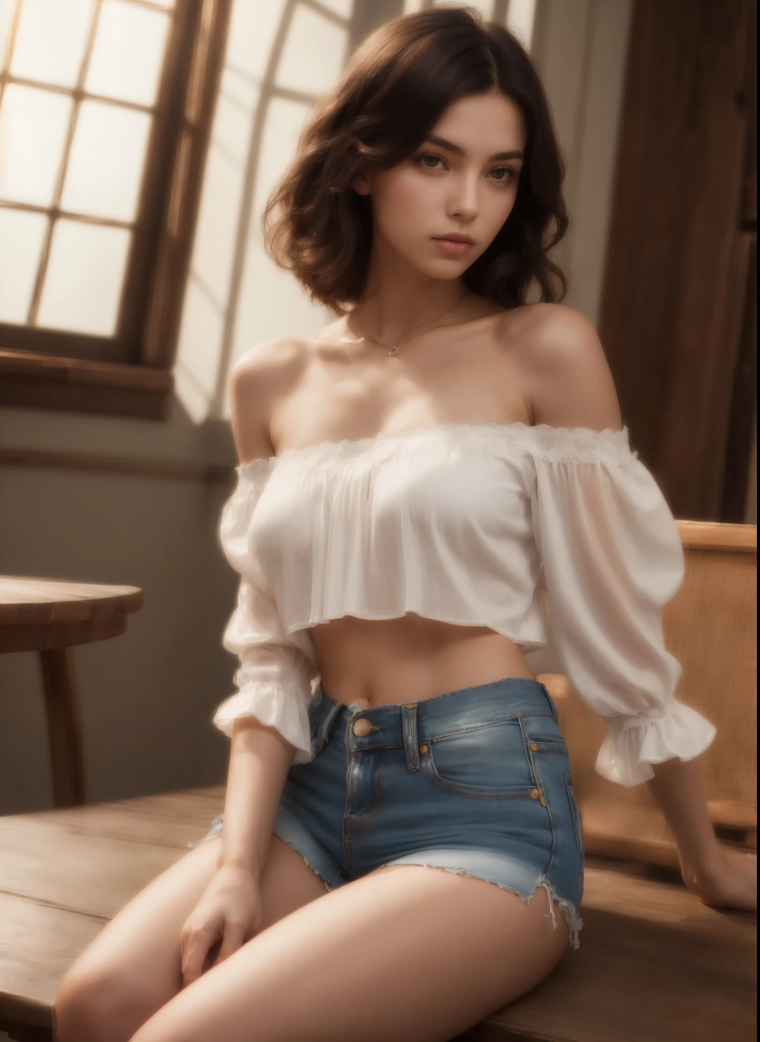 (a 12 year old girl sitting on the bar stool cushion), denim mini skirt, white lace panties, (small breasts, nipples, deep neckline) legs apart.