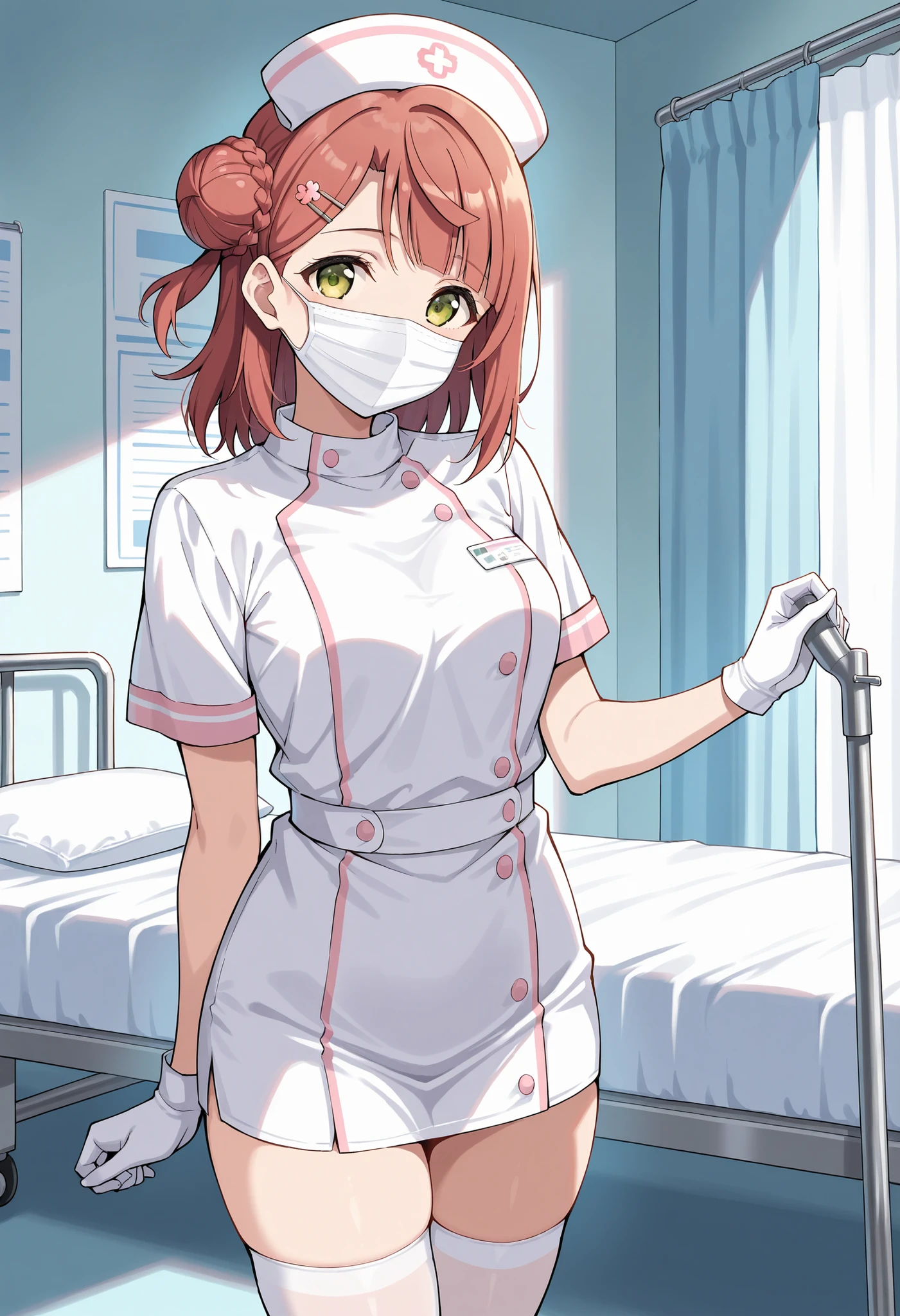 astolfo, single braid, pink hair, purple eyes, otoko_no_ko, male focus, solo, nurse, ((white nurse cap, white nurse's outfit)), ((white legwear, zettai ryouiki)), white gloves, ((white surgical mask, covered nose)), standing, hospital room, sharp outline, short sleeves, best quality, masterpiece