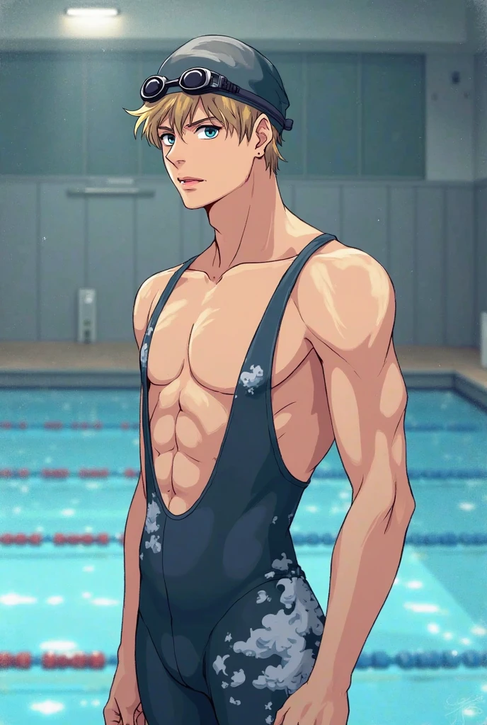 Handsome swimmer　Handsome Japanese male models 　Fierce　cool　Intellectual look　barefoot　　smile　looking at the camera 　The lower half of the body is a white speedo type swimwear.　Bulge　Swimming Pool　　　Swimming Pool　　　Shaved Head　Shaved head　Black Hair　　A short-sleeved T-shirt with a solid black upper body　　soaked　Arty feel　cool　　Swimming PoolShaved Head　Shaved head　Black Hair