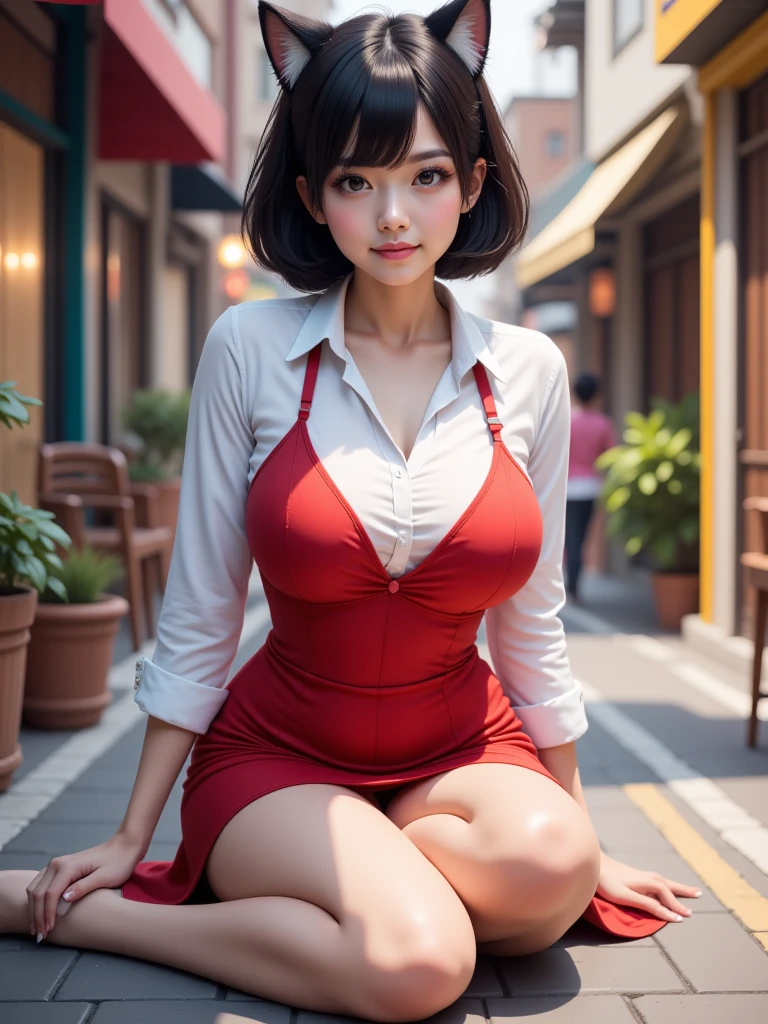 4K quality, highest quality, masterpiece, large breasts, beautiful woman, red lips, glossy skin, short hair, bangs, clothes that accentuate breasts, camisole dress, sleeveless, tight skirt, tights, She is sitting on the train and taking pictures