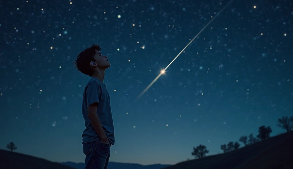 A child staring up at a starry night sky.