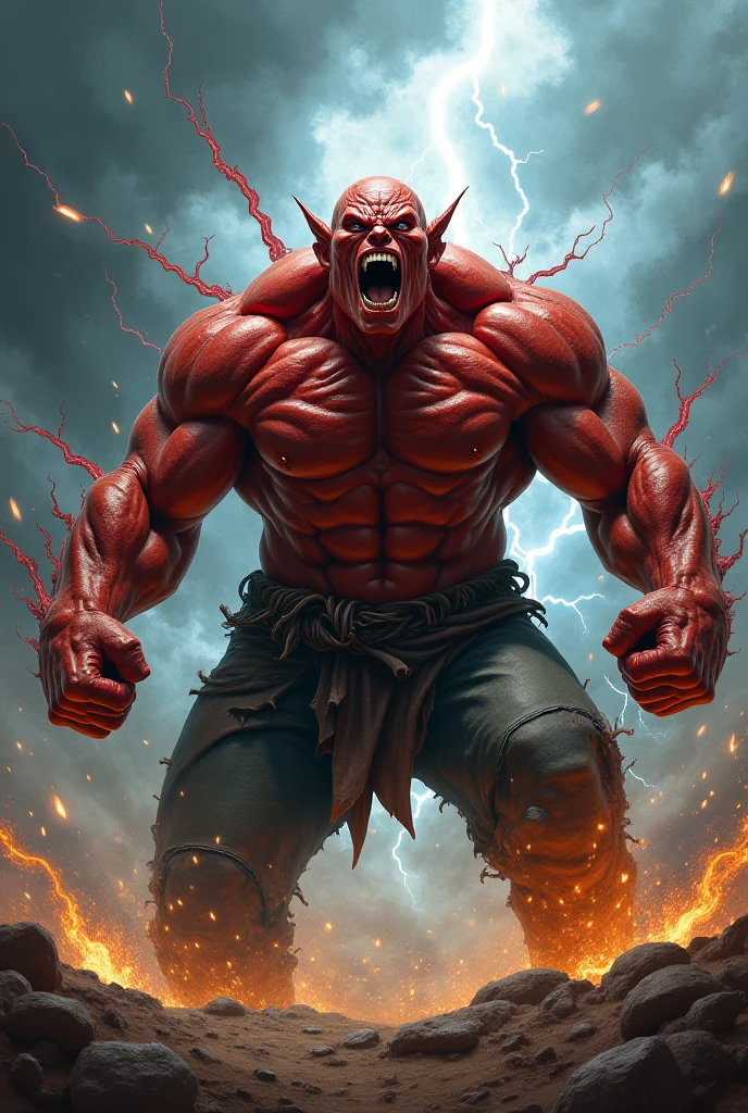 Stocky muscular Josh Hutcherson kneels on the floor, snarling and barring his sharp fangs. His arms and legs are restrained by chains embedded on a sturdy wall. His skin turns red. His eyes glow red. His body crackles with electricity. The setting is in a destroyed, burning laboratory