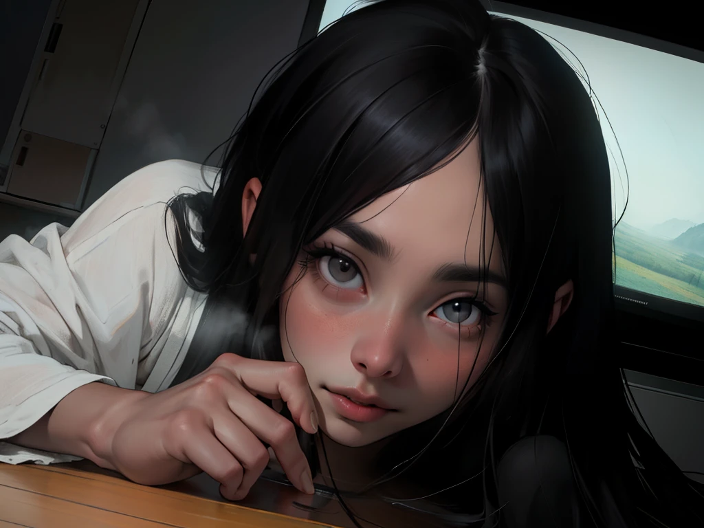 (masterpiece:1.3), (8k, realistic, RAW photo, Best Quality: 1.4), ((1 Sadako )), beautiful face, (realistic Face), (black hair, long hair:1.5), beautiful hairstyle, (( Her Face Is Hidden by Bangs:1.5)), realistic eyes, ((White of the eyes:1.2)), Beautiful Detailed Details, (realistic Skin), Beautiful Skin, ((white skin:1.4)), absurd, charm, Ultra High Resolution , Super Real, very well detailed, golden ratio, ((crawl out of the TV )), a dim four-and-a-half square meter Japanese-style room , (steam:1.0)