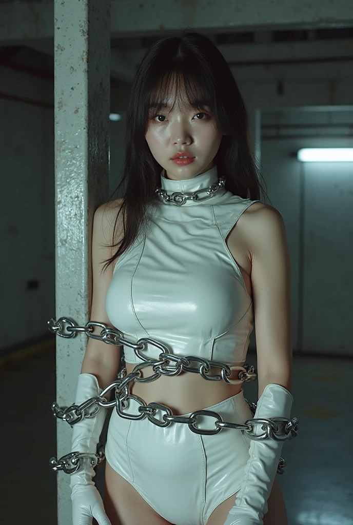 1 girl, Japan, 27 years old, photorealistic, beautiful and detailed face, viewer, (upper eyes), (BDSM), small tits, ((((bondage)))), exposed in nightclub, discotheque, (short hair, wet), pain, (((((expression of anguish,lust,madness)))), (lewdness), shower, slave, sexual assault, torture, (collar), (shackles), (shackles), corset, bustier, (chastity belt), ( Restraint), (((Crucifixion on the wall)))), sweaty, (Forced opening of legs using equipment), ((Lifting both hands)), Satomi Ishihara, Full body restraint