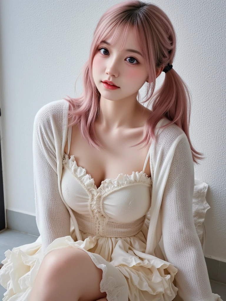 Masterpiece, Best quality, Masterpiece,Best quality,offcial art, 8K wallpapers, Girl, Long hair, Pink hair, Wavy hair, Large breasts,Lolita costume, Bare legs, Skirt lift, (Skin with the highest level of detail: 1,2), (The highest level of detail in the dial:1.2), cinmatic lighting, (ventania), natta, warm white light, looks into camera,
