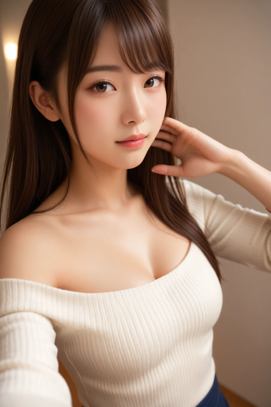 (8k, Ultra-high resolution, Highest quality, Tabletop:1.2),(18-year-old:1.2)、(avert your eyes)、8k、Japanese girl's life々Beautiful portrait、Photorealistic、Ultra-high resolution、Highest quality、 (Quite large breasts、Hide all breasts:1.2)(high school girl、White collared shirt、Navy pleated mini skirt:1.3)、(Standing on a crowded station platform:1.2) Cute Smile、(Brown long straight hair、Black Loafers、Navy Socks:1.2)
