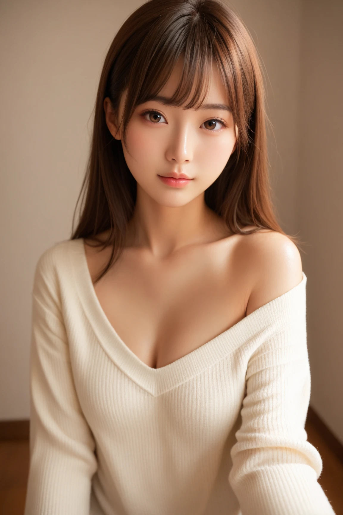Masterpiece, Photogravure, High quality, Ultra-high resolution, 8K, Realistic, (Intricate details: 1.2), A skinny Japanese actress, 40 years old, {short|long} hair, cute face, detailed face, beautiful eyes, detailed eyes, small breasts, hourglass figure, anatomically correct body structure, (wearing a loose knit camisole next to the skin: 1.4), obscene pose, (tilted head: 1.2), looking into the camera. a photo captured at a refreshing room filled with sunlight, white floor, white walls, house hold items, (plants: 0.8), in summer. Top view photo, full-body photo
