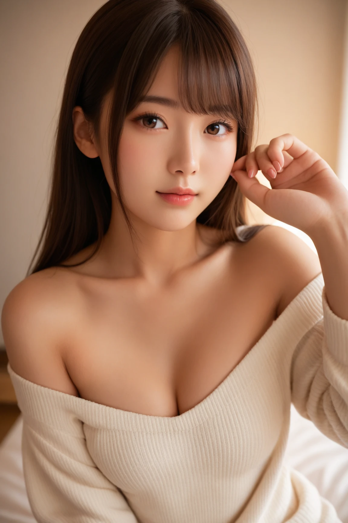 1girl in, Extremely cute, Amazing face and eyes, (extremely detailed beautiful face), (Ultra Realistic), (Highly detailed eyes, Highly detailed hair, Highly detailed face, Highly detailed plump lips), Naked, (off shoulders), breasts, Upper body, Search Smile, (Best Quality:1.4), Raw photo, (Realistic, photo-Realistic:1.37), Professional Photography, Cinematic Light,