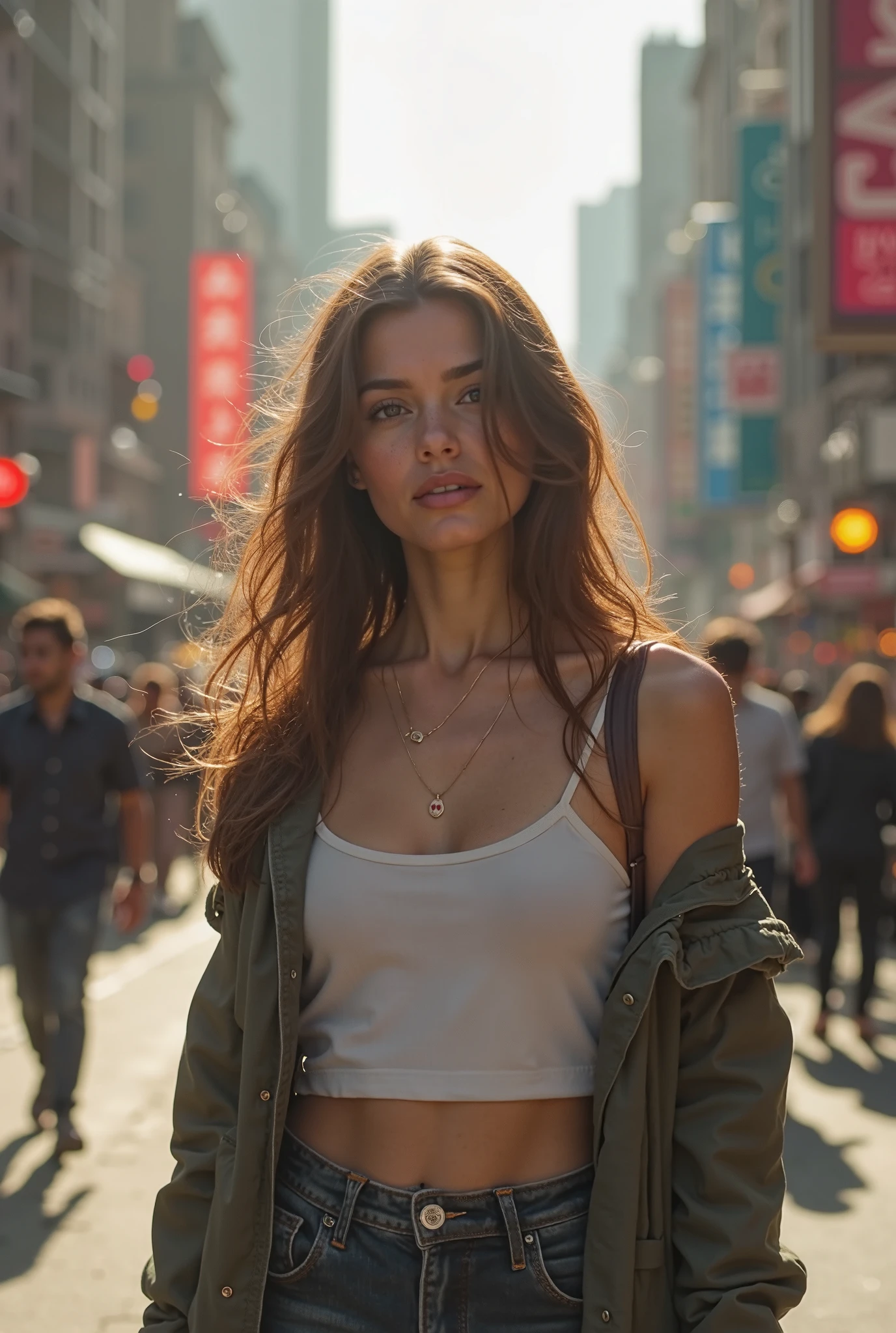 realistic portrait of a young female influencer of Latino-Brazilian origin with long, curly brown hair, hazel eyes, a pretty bust and a sexy body, walking down the street in China with buildings all around.
