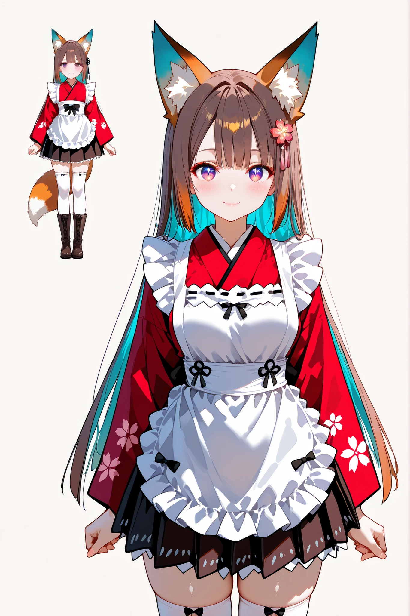 masterpiece,best quality,
A beautiful Japanese anime girl,kawaii,solo,
((from right in front of face and body)),
upper body,Standing upright posture,
((arms at sides)),
((Margin at top)),simple background,character sheet,
Pleased,Cheerful,Closed Mouth Smile,
long ash brown hair reaching below her chest,
(outer ash brown colored hair inner aqua blue-colored hair)
perfectly straight and silky like a doll’s hair,
with rainbow-colored highlights shining in her hair,
deep purple eyes,
fluffy fox ears,
AIU,shiny,clean eyes,
She wears a short red kimono with a cherry blossom pattern,
layered with a white maid apron,
She wears white thigh-high socks and dark brown leather boots,
Additional details for ultra-high quality face and hair:
Perfect face, ultra-detailed face, intricate facial features, beautiful detailed eyes, sharp and clear eyes, high-resolution skin texture, soft shading, delicate eyelashes, natural blush, hyper-detailed lips,
Hair specific details:
Perfectly straight hair, silky smooth hair, doll-like hair, ultra-detailed hair strands, natural shine, realistic hair texture, soft lighting on hair, high-quality shading, individual hair strands visible, flowing and elegant hair,