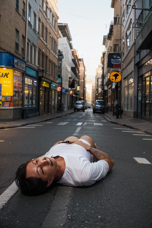 A scene in which a falls in the street and the people around him laugh