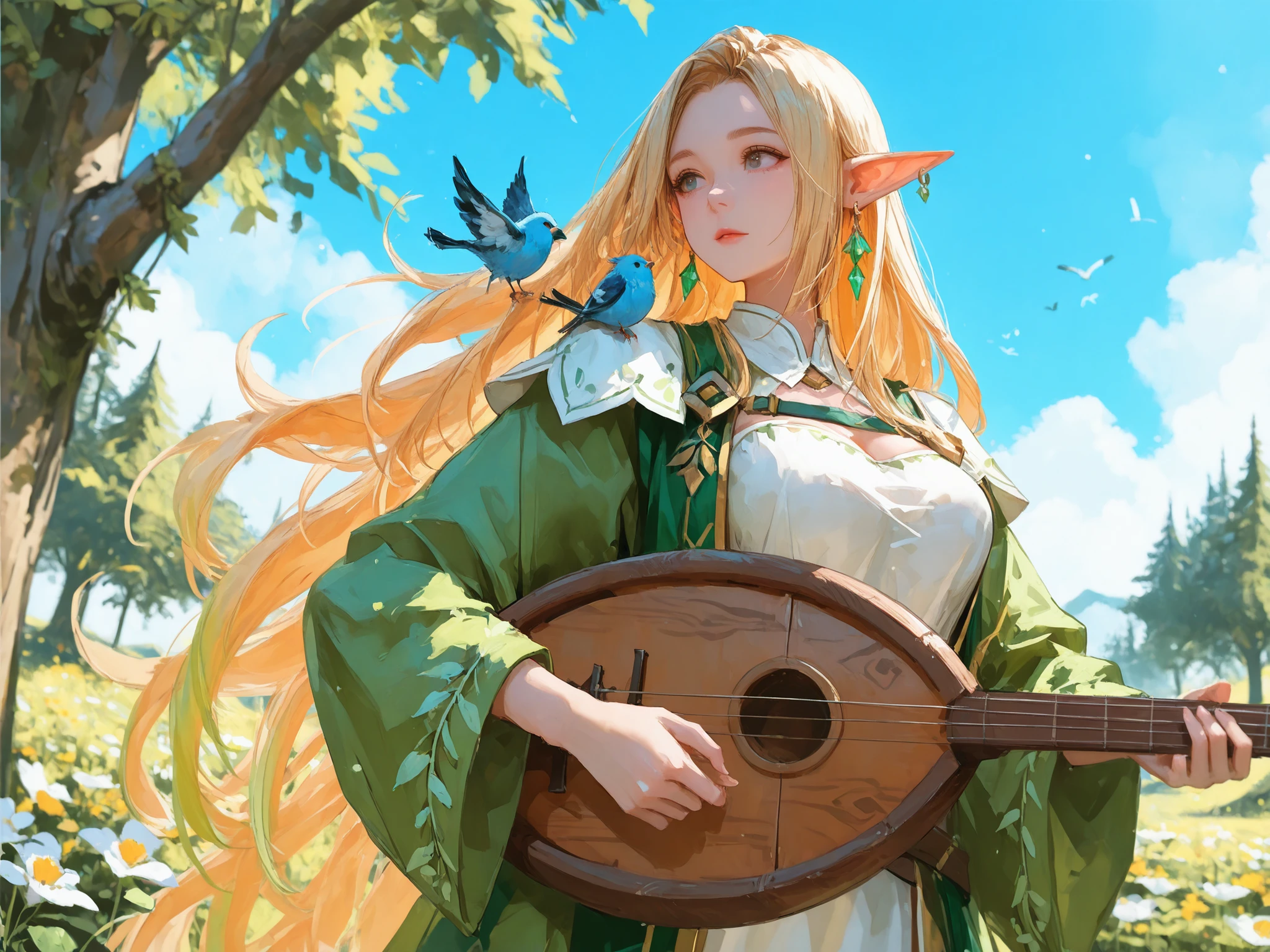 Perfect female body, Beautiful detailed girl, very long hair, Silky hair, Beautiful face, large breasts, flower with clothes, overexposure, lean against a tree, playing a lute, earrings, a little bird perched on her shoulder, fantasy world, elven forest, blue sky,
