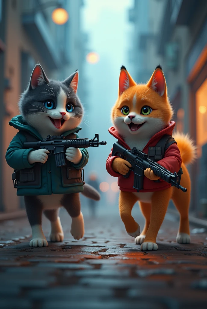 A photo of a laughing orange cat and a smiling wolf in a war with weapons covering each other's backs