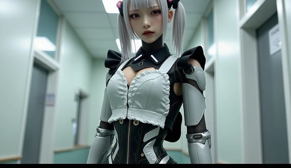 (8k, Realistic, RAW Photos, Highest quality: 1.3), (Fox Girl, Fox Ears, Fox Makeup, One Girl, Long Hair, Alone on the screen, dark skin, High definition, high resolution:1.6), とてもbeautiful, (Realistic Face), (boyish, Silver color very long hair), (maid apron, Black and white clothes, skirt, mecha musume, Machinery Parts,Robot Joints, Legs-only mechanical suit:1.6), (Body measurements are 75-60-75!, Young girl body, Small breasts, skirt hold, slender, muscle:1.9), A brilliance that captivates the viewer, beautiful expression, beautiful breasts, (Realistic Skin), beautiful..., bent over