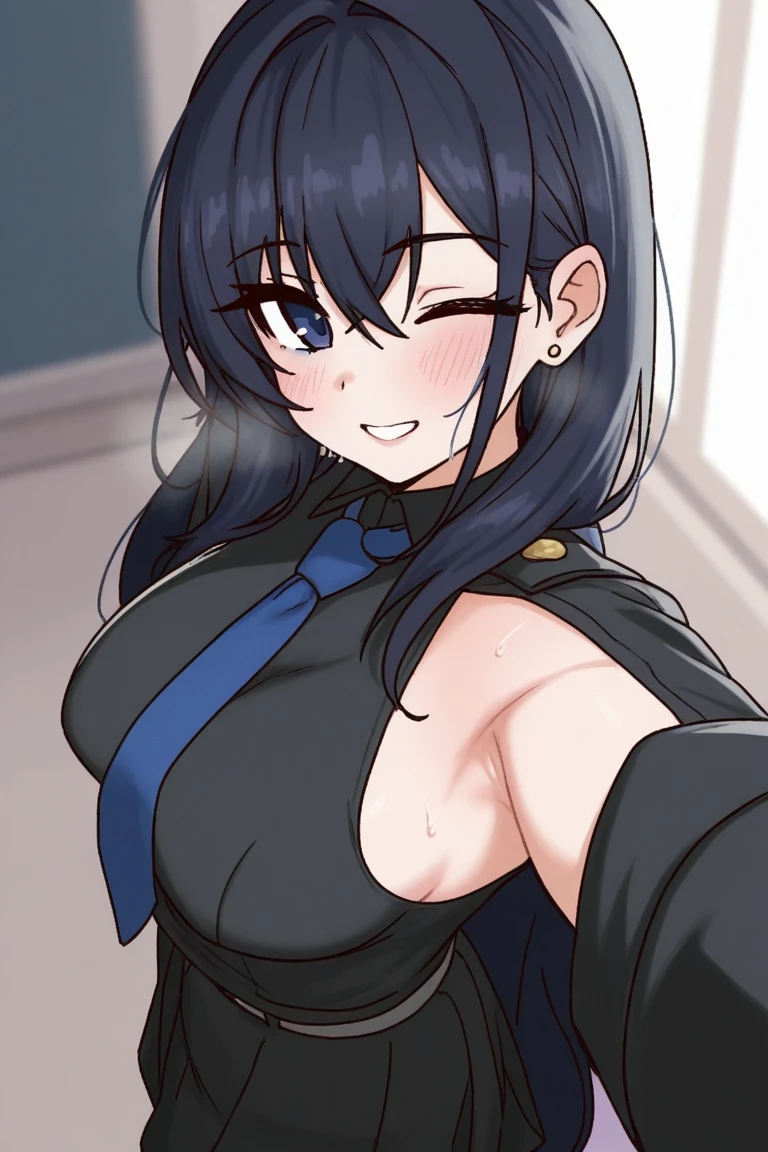 Brown_long_hair, 1girl, hair_over_one_eye, blush_on_cheeks, excited, shy, turned_on, black_choker, red_shoulder-length_shirt , open_shoulders, open_breasts, tiny_blue_skirt, no_panties, perfect_quality, perfect_high_resolution, massive_sexy_breasts, sexy_young_girl, sexy_loli