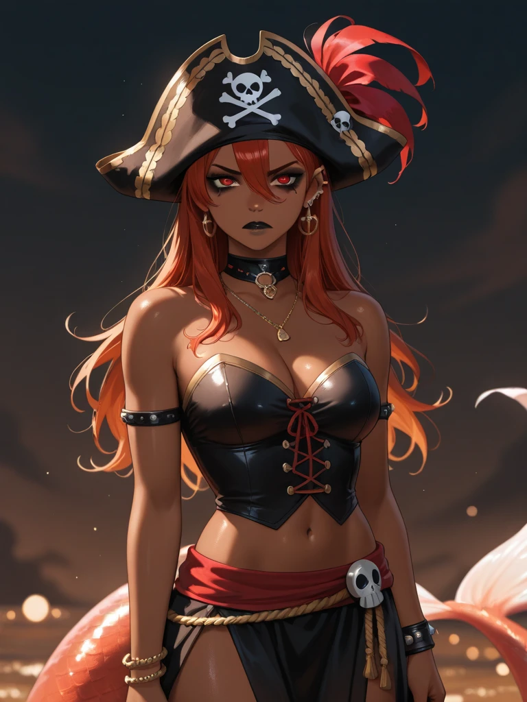 pirate girl, dark skin, redhead, curly hair, tiny micro-skirt, tight top, cleavage, big body proportions, view from below her, pirate ship