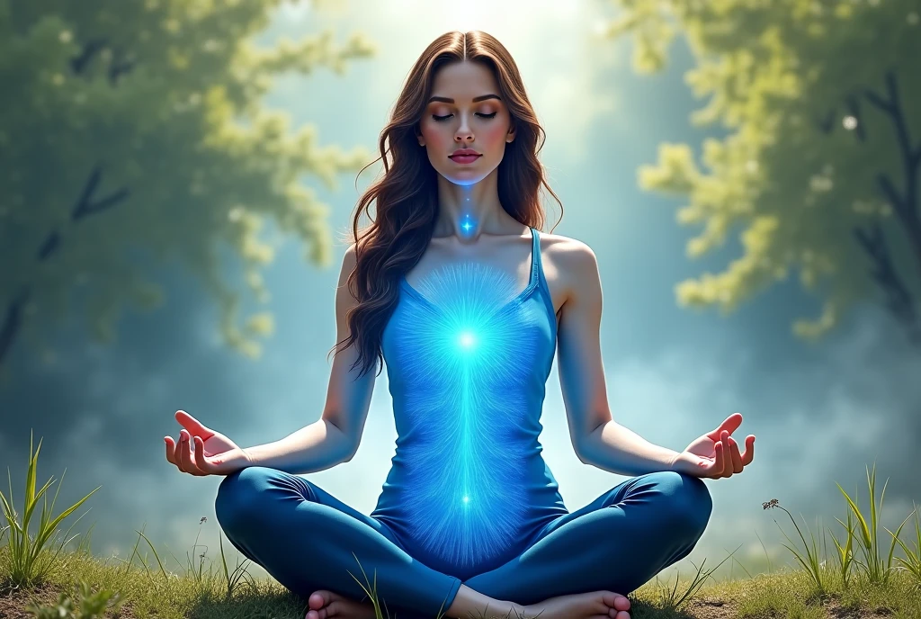 Comic book art-style: woman outside in lotus position with breath ...