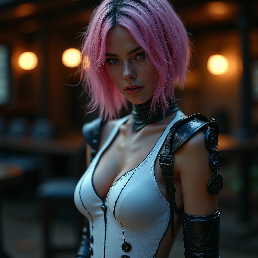 motor irreal:1.4,CG ultra realista 64K, fotorrealista:1.4, textura de la piel:1.4, obra maestra:1.4,posing behind Beautiful woman with babydoll lingerie、Ropa corta estilo cyberpunk color amarillo, pantimedias red , Mini falda azul,