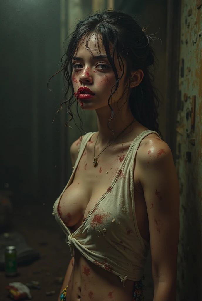 scared young girl, with big breasts, with a suffering face, with completely white eyes, wearing a transparent white blouse and dark pants, the girl is covered in blood and lying on the floor crying, in an abandoned house. With ghostly appearance. Mistreated hair. His arms are covered in dirt and blood