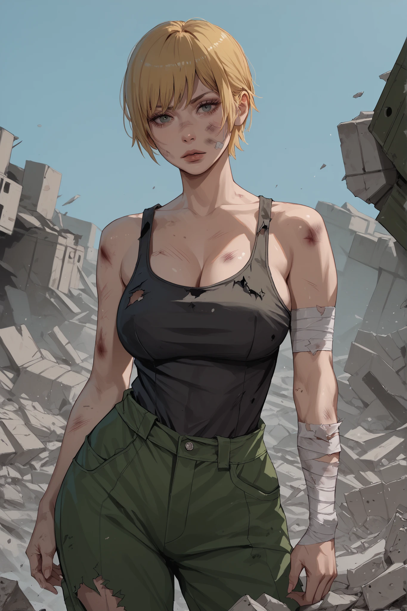 1 girl, confident look, voluptuous, bruises on body, short blonde hair with bangs, green military jumpsuit torn, military tag, black tank top, bandages, debris, war lands