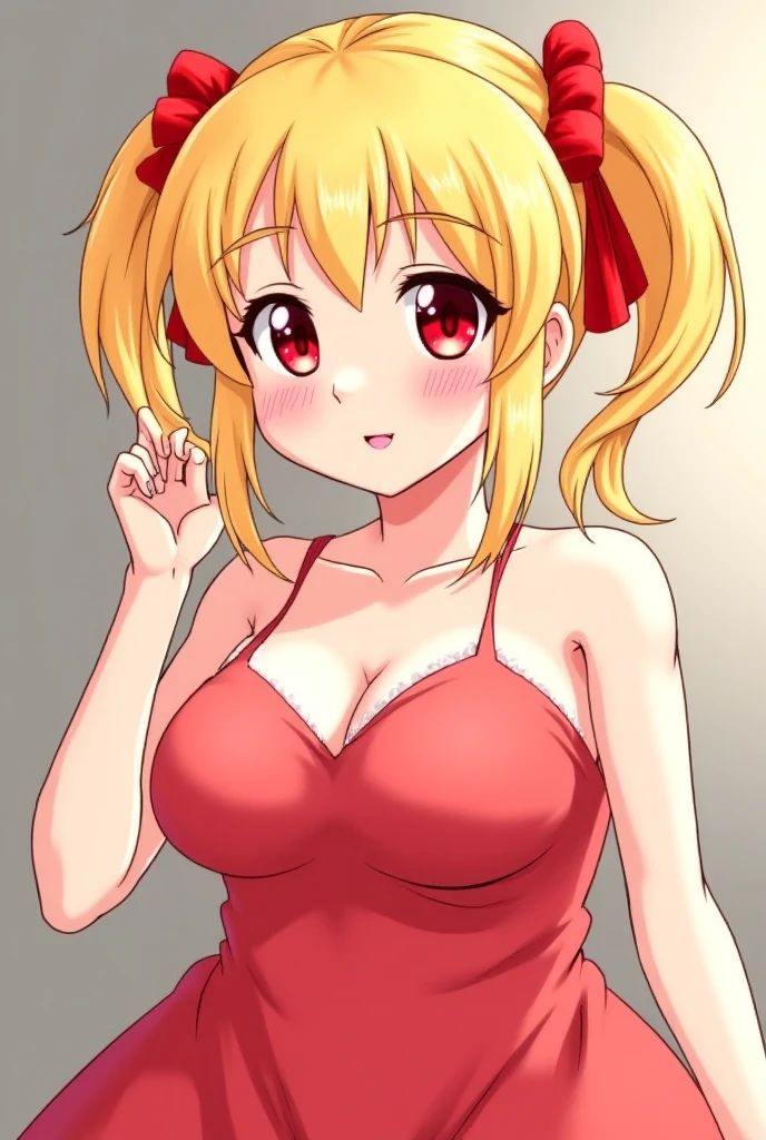 Screenshot of tokyo revengers, She has blonde hair, blue eyes and has a cute body, small waist, big breasts, and has 1 bonten tattoo. She wears a short, red dress.