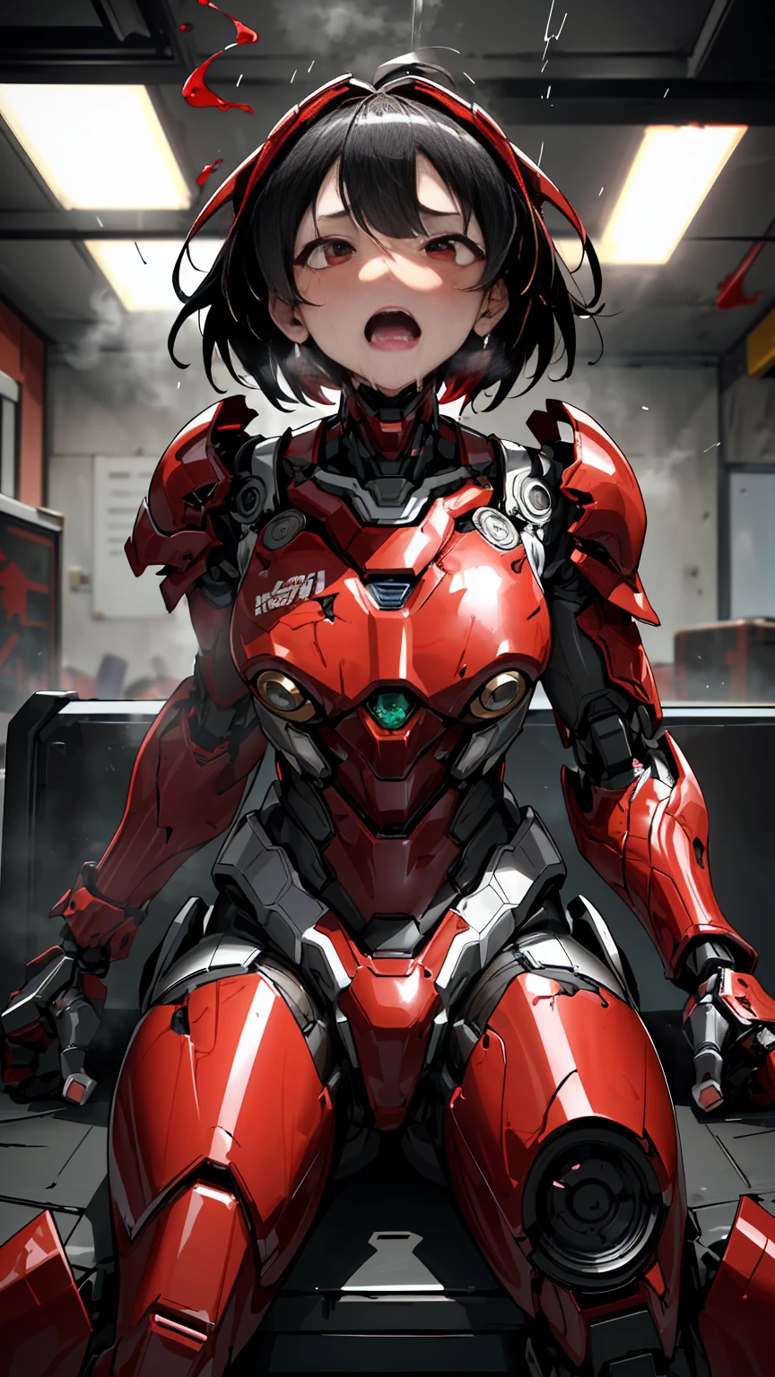 Rough skin, Very detailed, Advanced Details, high quality, 最high quality, High resolution, 1080P 、Bleeding from the wound、Red Armor、Wearing red and black、The weakest　((Severe damage to the entire body))(Wearing a damaged female robot suit...)(Red Armor)(Broken Armor)Black Hair、broken glasses、Chiquita、short hair　Soaking wet、Open your mouth、Sweaty face、It hurts again、knock down、Droolinging from the mouth、Female college student　Convulsions　(Steam coming out of the face) ((Steam from the body)) Sit on a chair　Touching the vagina　Drooling　look up　suffering　Behind the Scenes　Sweaty
