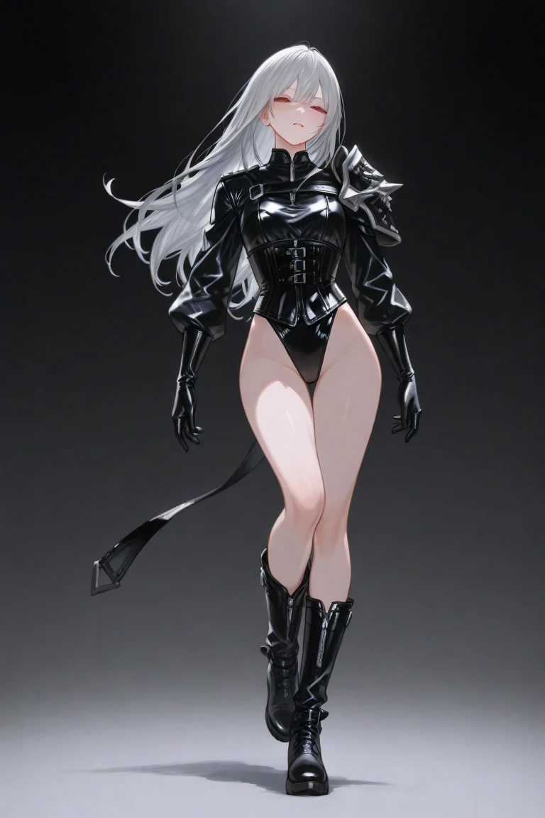 full body standing woman, white background, white hair, long messy hair, black elf skin