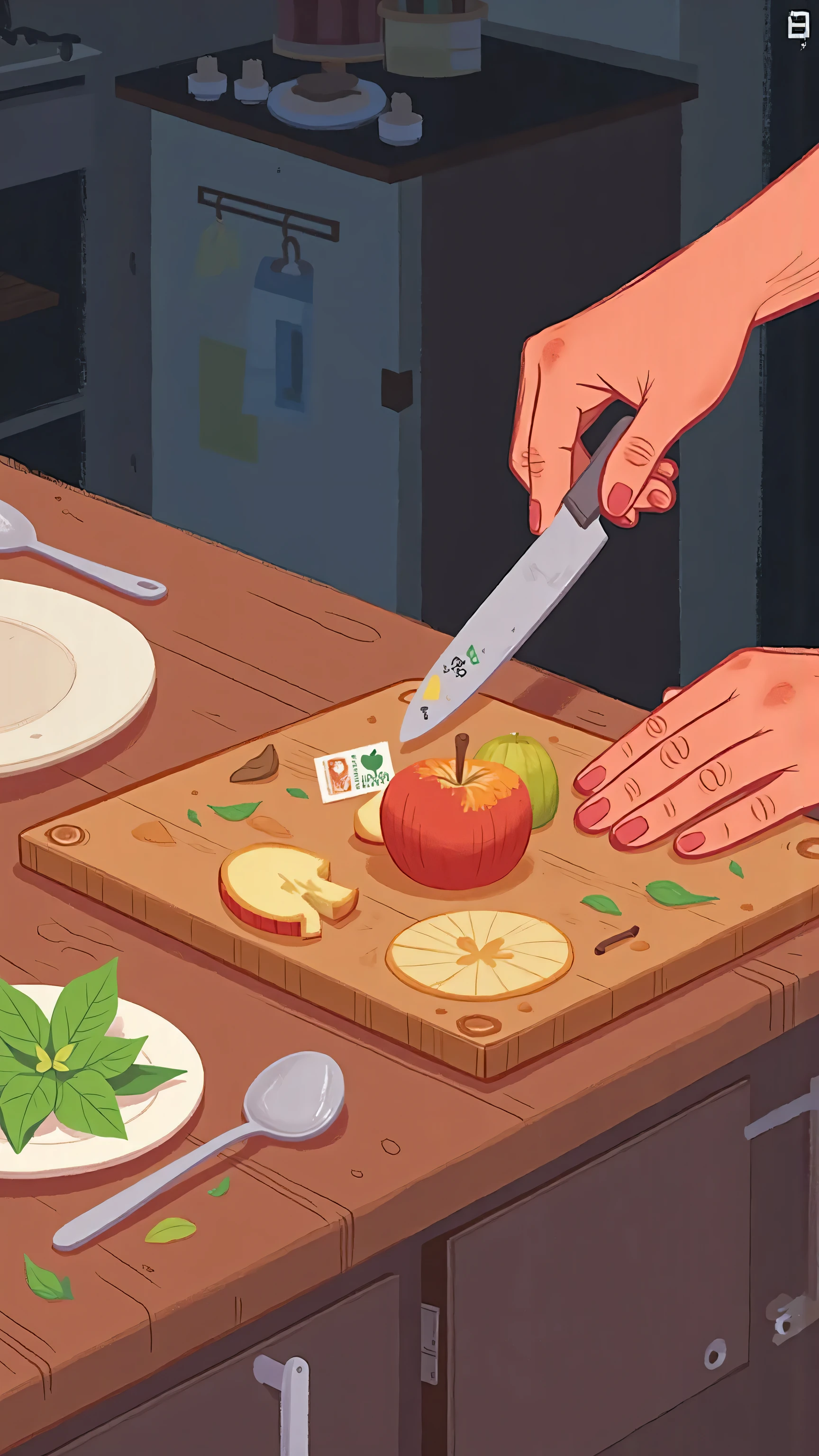 A cozy nighttime kitchen scene,hand(slim, Soft, slim hands, pink nail polish ,Sleeveless)Close-up shot of cutting an apple on a wooden cutting board with a knife。On the countertop of the cupboard,There is a white plate nearby、a metal spoon and a plate of fresh mint leaves。There is a sticker label on the apple,The atmosphere is bright、Fresh、calm。The art style is simple,inspired by the illustration, with soft lines,Natural colors ,evokes healthy and peaceful moments of everyday life