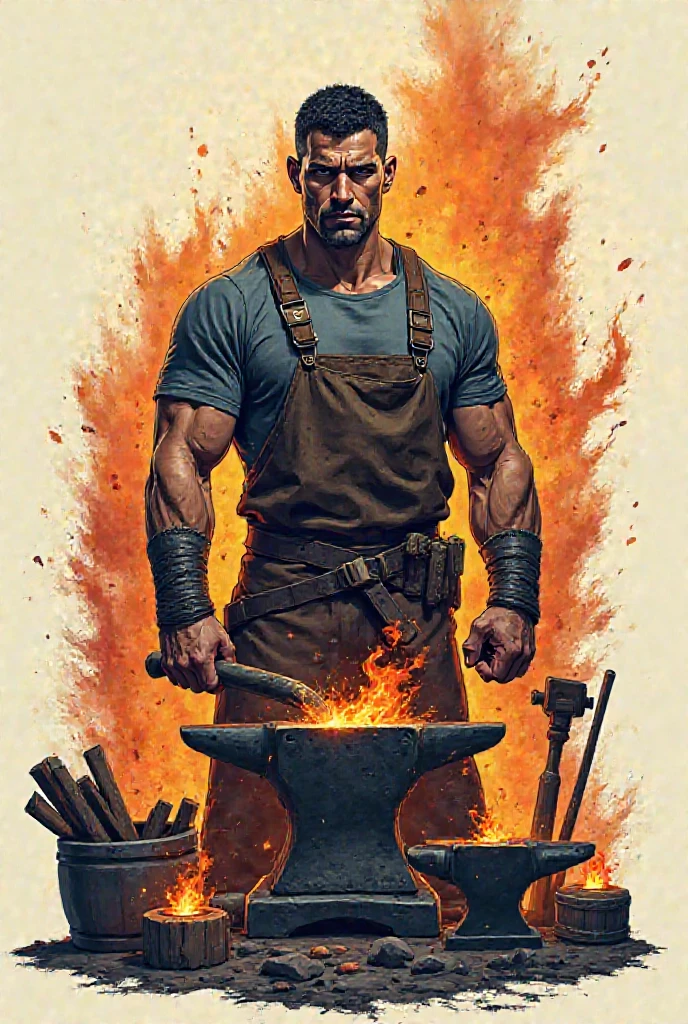 a fireman, shirtless, 79 yrs, holding an ax, behind is fire, wearing fireproof pants, Fireproof boots, Helmet
