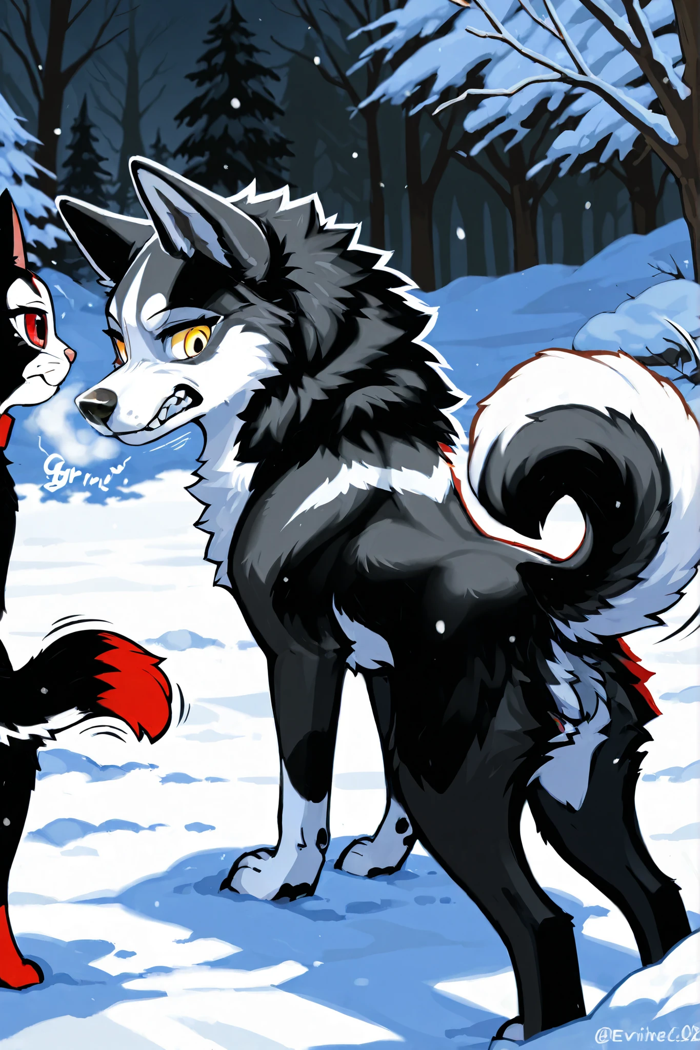 A vibrant scene in 4K of a husky dog with white and black fur and red eyes, growling with a cat next to them. . The cat also has black and white fur and yellow eyes. They are in an interaction, with the Husky looking fiercely at the cat and the cat looking back with a cautious expression.  The background is covered with snow , with vibrant colors and crisp details, evidencing the tension between the two animals, and both creatures must be clearly visible in the scene