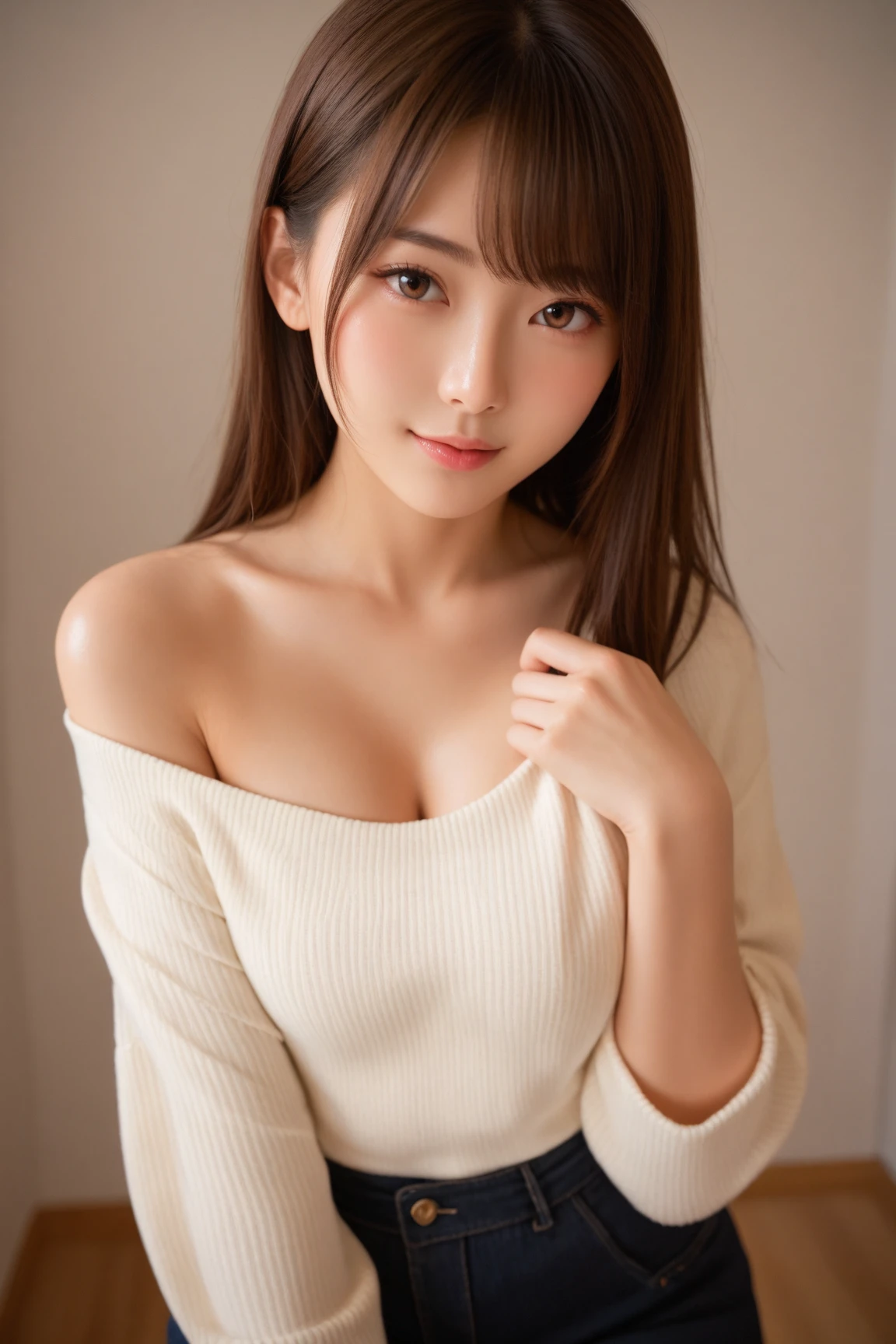1girl,3d,artist name,blurry,blurry background,blurry foreground,bokeh,breasts,brown eyes,black hair,chromatic aberration,collarbone,depth of field,lens flare,lips,looking at viewer,motion blur,open mouth,indoors,photo background,piercing,realistic,long hair,straight hair,smile,solo,sweater,swept bangs,teeth,upper body,summer,camisole,magcup,bed,smooth cloth,coffee,
messy hair