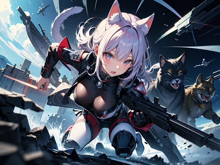 Anime style,(2people),battle loli girl,up in the sky,
mechanical cat ears shaped headgear,big breasts,red battle bodysuit,boots,holding Gun that shoots white ink,
flying and Floating in the air to fight,